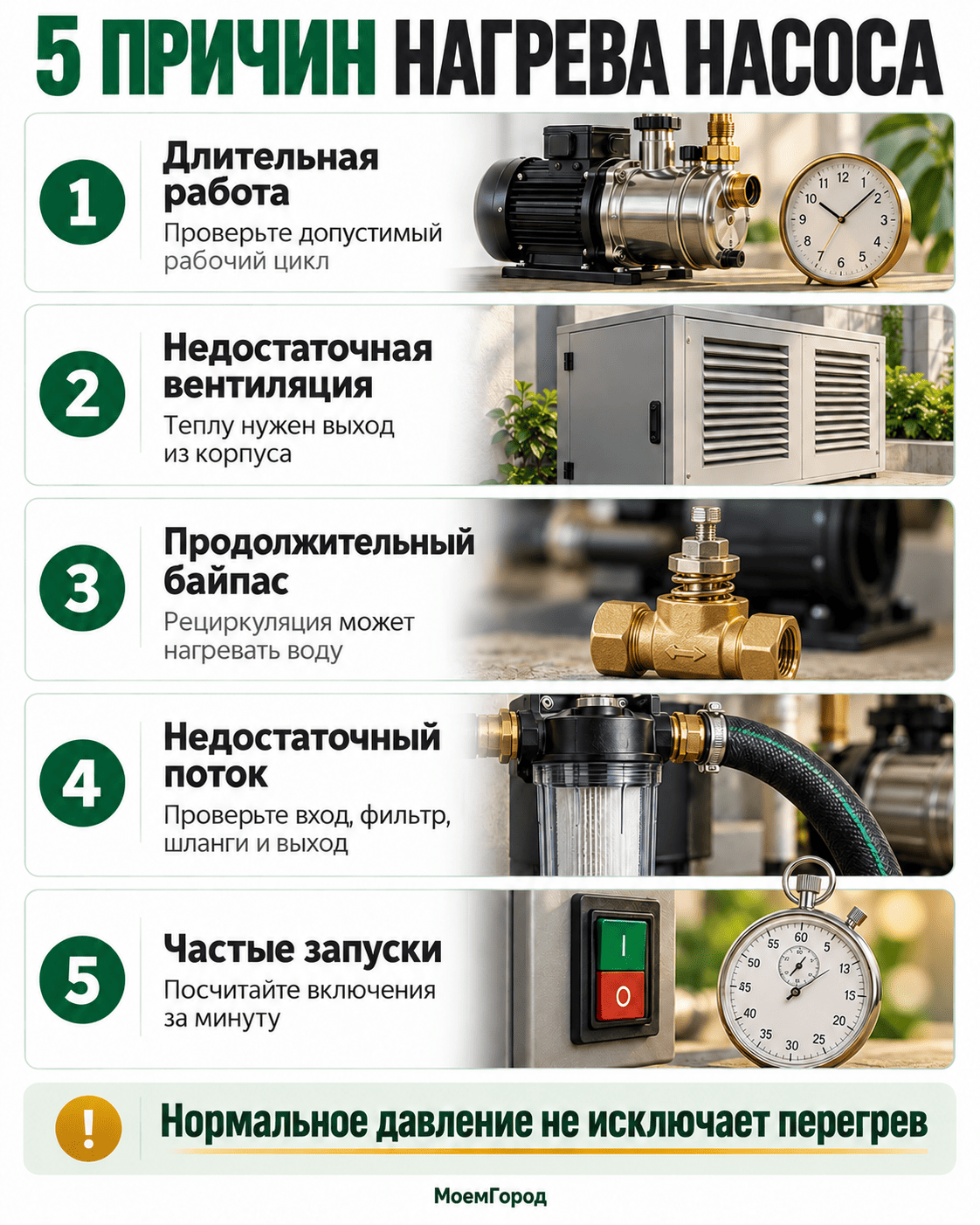 Пять причин нагрева насоса: длительная работа, недостаточная вентиляция, байпас, малый поток и частые запуски
