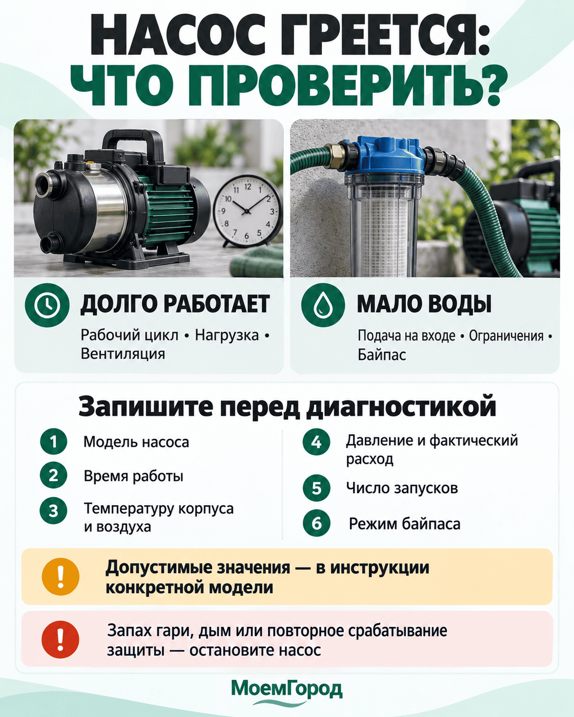 Памятка диагностики нагрева насоса: модель, время работы, температура, давление, расход, запуски и байпас