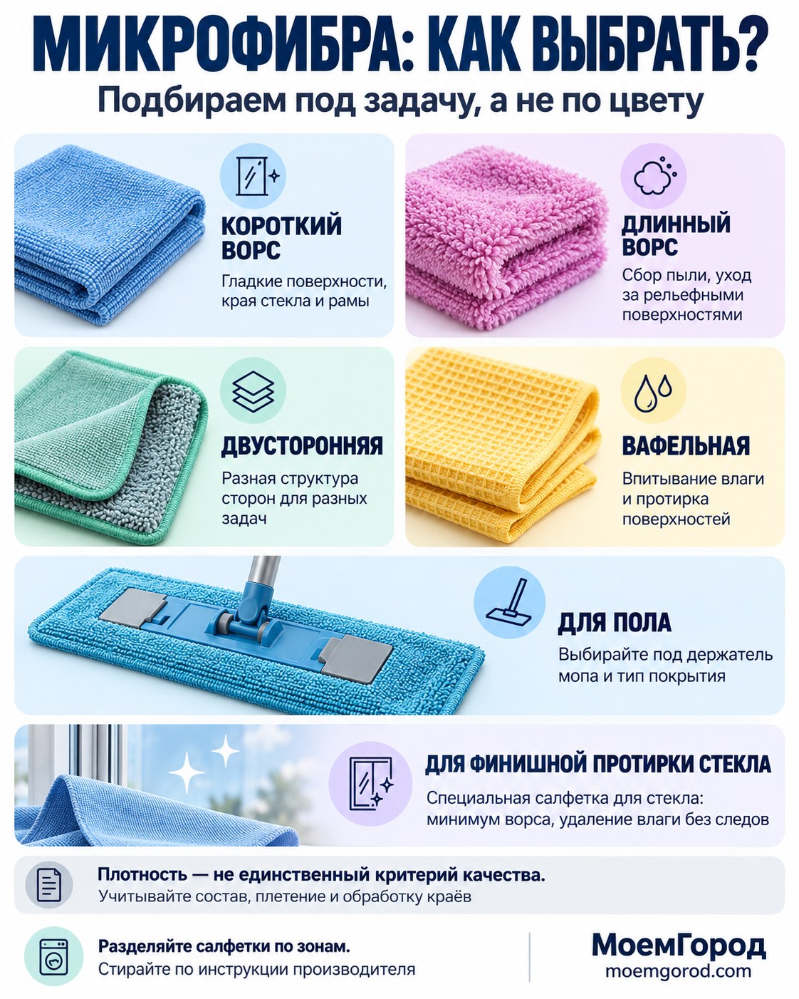 Виды микрофибры: коротковорсовая, длинноворсовая, двусторонняя, вафельная, мопы для пола и салфетки для стекла